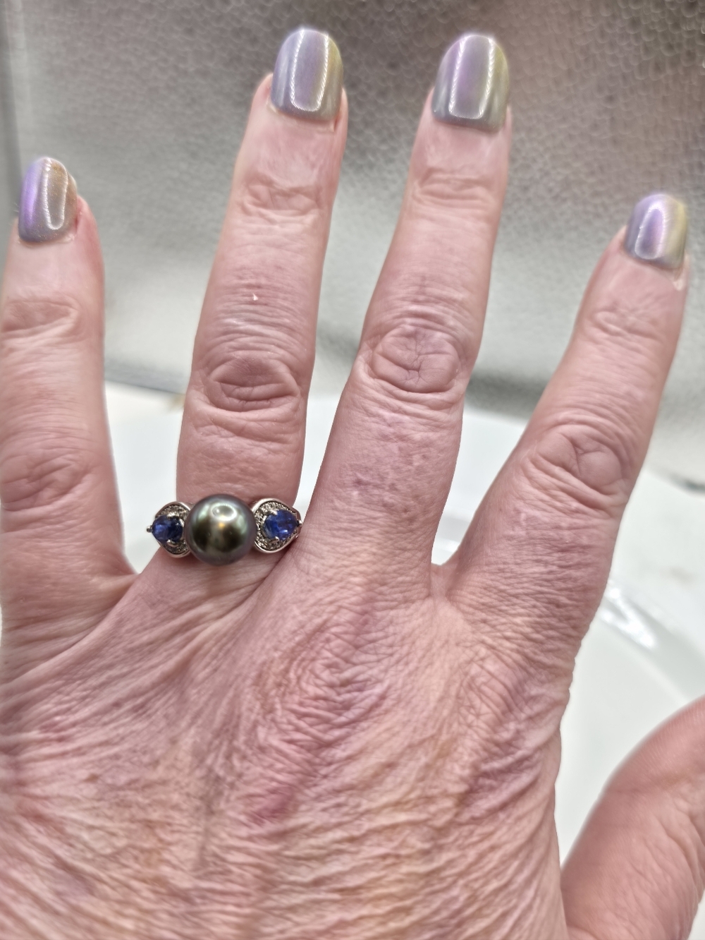 Luxurious Rare Designer Signed Peacock Tahitian Pearl And Topaz Ring - Picture 8 of 8